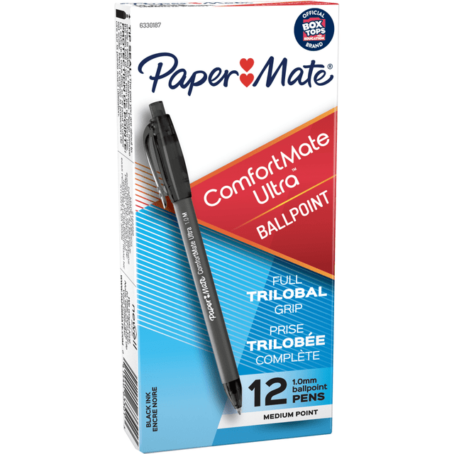 NEWELL BRANDS INC. 6330187 Paper Mate Comfortmate Ultra Retractable Ballpoint Pens, Medium Point, 1.0 mm, Black Barrel, Black Ink, Pack Of 12 NEWELL BRANDS INC. 6330187 Paper Mate Comfortmate Ultra Retractable Ballpoint Pens, Medium Point, 1.0 mm, Black Barrel, Black Ink, Pack Of 12