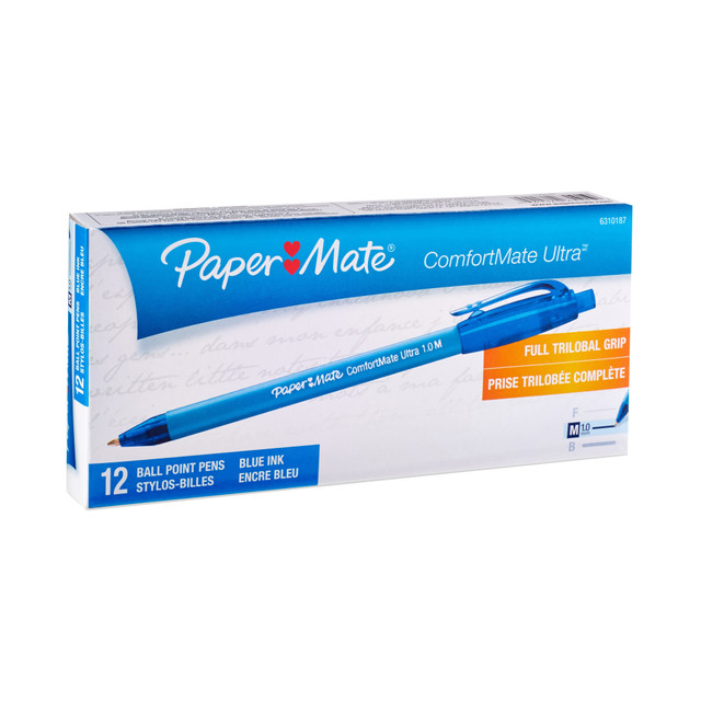 Paper Mate Comfortmate Ultra ballpoint stick pens make taking notes a breeze. Plus, the retractable tip helps preserve the ink and protect your bag from stray marks while you are on the go.  Ergonomic body with full-length grip is soft and comfortable to use.  These Paper Mate pens offer a Lubriglide ink system for smooth writing.  Retractable click-advance protects pockets and purses.  Marks opaque and glossy on light or dark surfaces.  Comes in a pack of 12 blue pens.  Features a 1.0 mm tip for medium-width marking.
