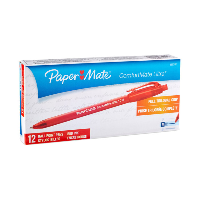 NEWELL BRANDS INC. 632-01 Paper Mate Comfortmate Ultra Retractable Ballpoint Pens, Medium Point, 1.0 mm, Red Barrel, Red Ink, Pack Of 12