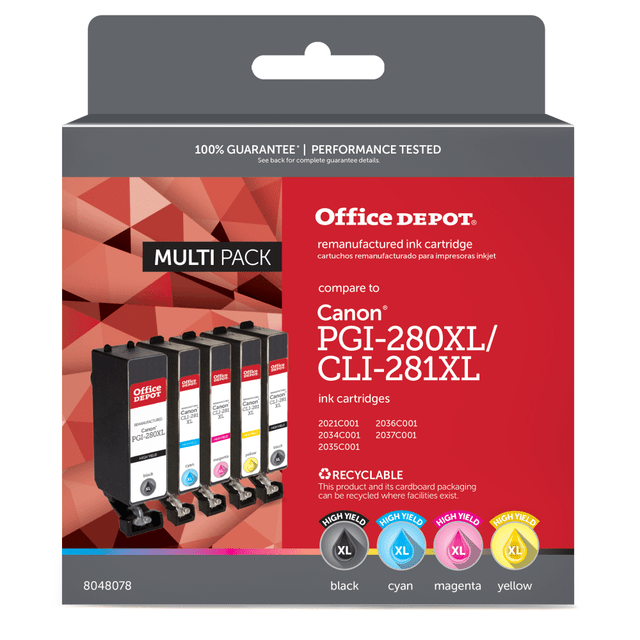 OFFICE DEPOT OD280XL281XLMP  Brand Remanufactured High-Yield Black/Cyan/Magenta/Yellow Inkjet Cartridge Replacement For Canon PGI-280XL/CLI-281XL, OD280XL281XLMP