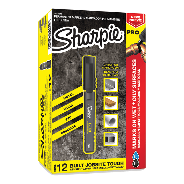 NEWELL BRANDS INC. 2017818 Sharpie PRO Permanent Markers, Fine Point, Black/Gray Barrel, Black Ink, Pack Of 12 Markers