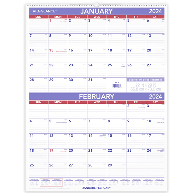 ACCO BRANDS USA, LLC AT-A-GLANCE PM92824 2024 AT-A-GLANCE 2-Month Wall Calendar, 22in x 29in, January To December 2024, PM928