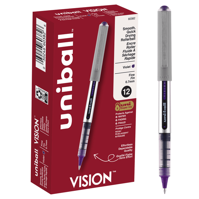 NEWELL BRANDS INC. 60382 uni-ball Vision Rollerball Pens, Fine Point, 0.7 mm, Gray Barrel, Violet Ink, Pack Of 12 NEWELL BRANDS INC. 60382 uni-ball Vision Rollerball Pens, Fine Point, 0.7 mm, Gray Barrel, Violet Ink, Pack Of 12