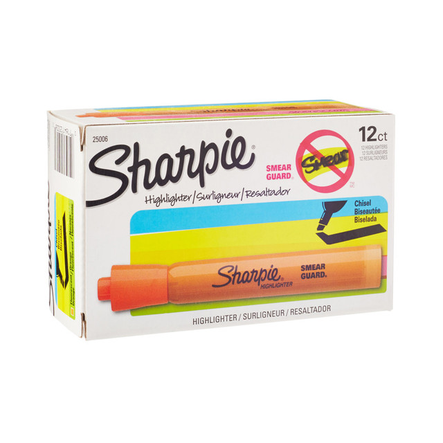 Perfect for when info is high priority and precision is a must, Sharpie Highlighters make everything highly visible with brilliant colors in transparent, smooth, and quick-drying ink. These wide-barreled tank highlighters feature a large ink supply for dependable and long-lasting use and an easy gliding chisel tip that highlights and underlines both wide and narrow lines of text. The quick-drying ink resists smearing many pen or marker inks. And with an array of brilliant colors, Sharpie highlighters make your most important thoughts and notes jump off the page. It's no wonder why Sharpie is the got-to-have highlighter for life's major high points.  Sharpie Tank Highlighters with wide barrel and large ink supply that delivers dependable highlighting  Bright ink stands out on the page  Versatile chisel tip great for highlighting, underlining, and writing notes  Resists smearing (let ink dry before highlighting)  Comes in a 12 pack of fluorescent orange Sharpie highlighters.  ACMI Certified AP Nontoxic. For detailed information see www.acmiart.org.  Conforms to ASTM D4236 standards. For detailed information see www.astm.org.  Less harsh chemicals - made with fewer harsh chemicals, or safer chemicals than typical alternatives, helping  reduce your use of and exposure to substances that may be more harmful to your health and the environment.