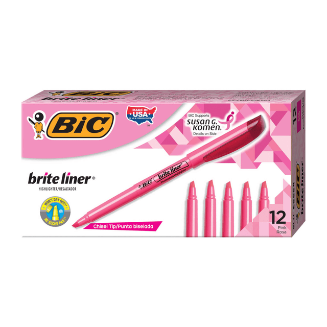 BIC CORP BL11-PNK BIC Brite Liner Highlighters, Chisel Tip, Pink Box Of 12 BIC CORP BL11-PNK BIC Brite Liner Highlighters, Chisel Tip, Pink Box Of 12
