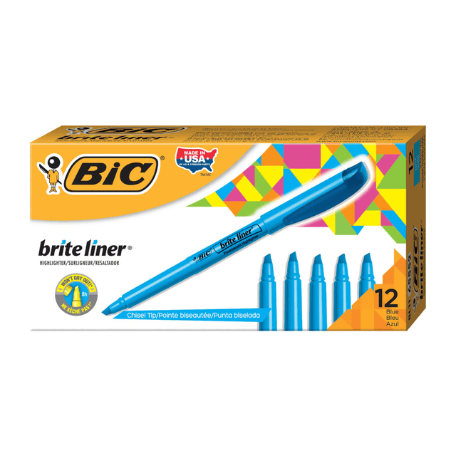 BIC CORP BL11-BLU BIC Brite Liner Highlighters, Chisel Tip, Blue, Box Of 12 BIC CORP BL11-BLU BIC Brite Liner Highlighters, Chisel Tip, Blue, Box Of 12