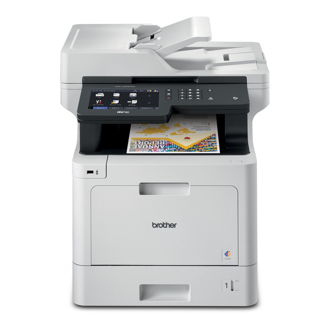 Maintain a consistent print volume with the Brother Business Wireless Color Laser All-In-One Printer. This color printer is capable of printing up to 33 pages per minute, ensuring the printer can keep up with your office needs. The Brother all-in-one printer is equipped with a 7in color touchscreen display for easy navigation.  ALL-IN-ONE BUSINESS SOLUTION: The Brother MFC-L8905CDW Color Laser All-in-One is an ideal printer for businesses and workgroups with higher print volumes.  LOW-COST PRINTING: Delivers a low cost per page by using the TN437 ultra high-yield replacement toner cartridges for 9,000 pages black and 8,000 pages each color(1).  FAST, HIGH-QUALITY COLOR BUSINESS PRINTING: Boost productivity with print speeds up to 33ppm(2) for color or black and white printing, as well as two-sided scanning up to 58ipm(3).  LARGE 7in COLOR TOUCHSCREEN DISPLAY: Offers easy menu navigation and creation of up to 64 customized shortcuts for frequently used workflows.  FAST, ADVANCED SCANNING: Scan to popular destinations directly from the touchscreen display including cloud services(4), email, SharePoint, SSH Server (SFTP), and more via a 70-page capacity auto document feeder(5) or legal-size document glass.  Disclaimer: (1) Approximate toner cartridge yield in accordance with ISO/IEC 19798 (letter/A4). (2) Based on one-sided printing. Change from default setting required. (3) Color and monochrome scan speed with all advanced features turned off, Letter at 300dpi. (4) Requires an Internet connection and an account with desired service. (5) Maximum capacity based on using 20 lb. paper.