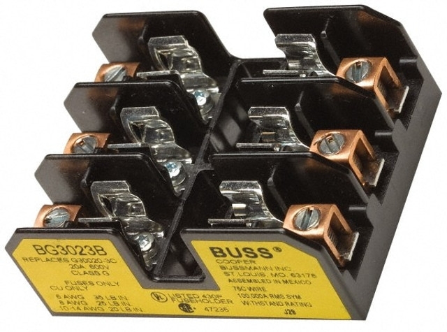 Cooper Bussmann BG3022B Fuse Blocks; Number of Poles: 2 ; Voltage: 480 VAC/VDC ; Wire Termination Type: Box Lug ; Compatible Fuse Class: G ; Block Width (Decimal Inch): 1.6300 ; Block Height (Decimal Inch): 1.2200