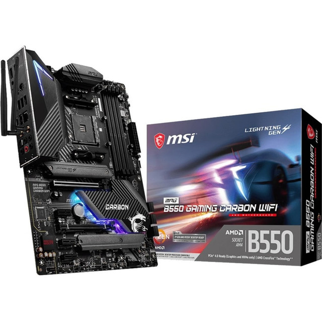 MSI COMPUTER CORP MSI B550GCARBWIFI  MPG B550 GAMING CARBON WIFI Desktop Motherboard - AMD B550 Chipset - Socket AM4 - ATX - 128 GB DDR4 SDRAM Maximum RAM - DIMM, UDIMM - 4 x Memory Slots - IEEE 802.11 a/b/g/n/ac/ax - HDMI - DisplayPort - 6 x SATA In