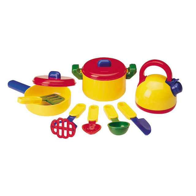 Little ones can get things cooking with this tough plastic set. Cookware and utensils make it easy to whip up a pretend feast that encourages imaginative play.  10-piece cookware set includes a tea kettle, a frying pan with a lid, a 2-handled pot with a lid and 5 utensils.  Plastic construction is tough enough to withstand imaginary course after course. Large, easy-to-grip handles are easy for small hands to hold.  Promotes imaginative play and an interest in cooking.  Ideal for preschool to grade 3.