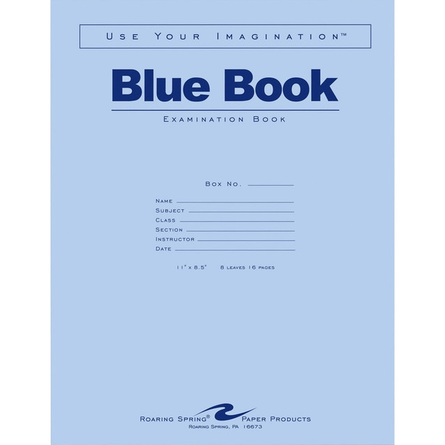 Administer essay questions with this 50-pack of blue Roaring Spring 8.5 x 11-inch examination books. The wide-ruled page with margin delivers ample writing space, while the blue cover protects the inner pages from dust and damage. A stapled construction allows you to flip through the pages of these Roaring Spring 8.5 x 11-inch examination books, and the white sheets let you produce legible writing.  Blue cover keeps your answer sheets covered.  Compact size allows easy carrying.  Page dimensions of 8 1/2inW x 11inL.  Includes 16 wide-ruled pages with margins.  Staple binding holds the sheets together.