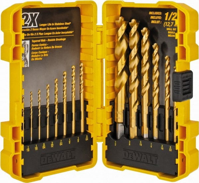 DeWALT DW1354 Drill Bit Set: Jobber Length Drill Bits, 14 Pc, 0.0625" to 0.5" Drill Bit Size, 0 °, High Speed Steel