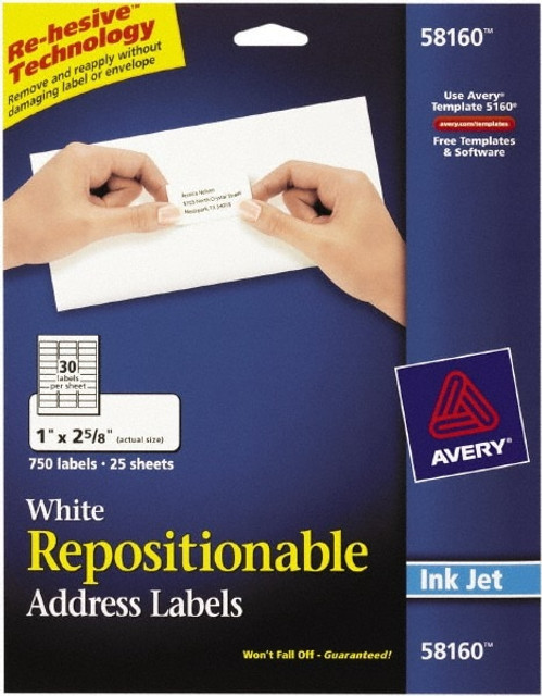 AVERY 58160 Label Maker Label: White, Paper, 2-5/8" OAL, 1" OAW