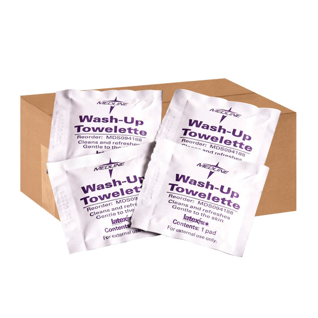MEDLINE INDUSTRIES, INC. MDS094188 Medline Wash-Up Cleansing Towelettes, 7 1/2in x 4 1/2in, White, 100 Towelettes Per Box, Case Of 10 Boxes MEDLINE INDUSTRIES, INC. MDS094188 Medline Wash-Up Cleansing Towelettes, 7 1/2in x 4 1/2in, White, 100 Towelettes Per Box, Case Of 10 Boxes