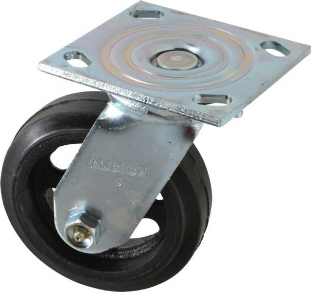 Albion 16MR05101S Swivel Top Plate Caster: Rubber, 5" Wheel Dia, 1-1/2" Wheel Width, 300 lb Capacity, 6-1/2" OAH