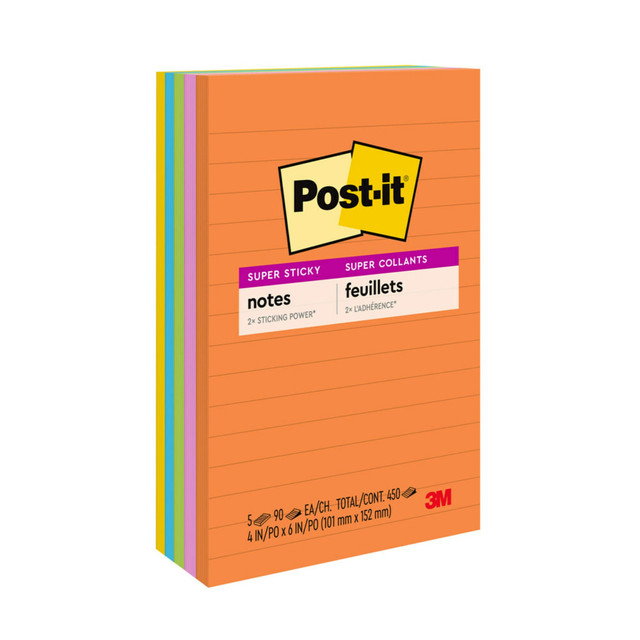 3M CO 660-5SSUC Post-it Super Sticky Notes, 5 Pads, 4 in x 6 in, 2x the Sticking Power, School Supplies and Office Products, Sticky Notes for Vertical Surfaces, Monitors, Walls and Windows, Energy Boost Collection, Lined