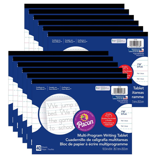 EDUCATORS RESOURCE PAC2478-12 Pacon Multi-Program Handwriting Tablets, 10-1/2in x 8in, White, 40 Sheets Per Tablet, Set Of 12 Tablets EDUCATORS RESOURCE PAC2478-12 Pacon Multi-Program Handwriting Tablets, 10-1/2in x 8in, White, 40 Sheets Per Tablet, Set Of 12 Tablets