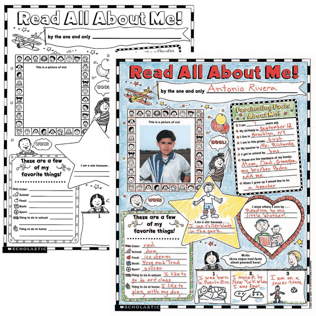 Start the school year right with these irresistible poster templates  Prompt children to tell about themselves in words and pictures. Young learners will have a blast "tooting their own horns" by filling in favorite animals, foods, colors, books, a self-portrait and more.  A great way to build self-esteem, motivate reluctant writers and help kids get acquainted.  Includes 30 (22in x 17in) posters and a teaching guide.