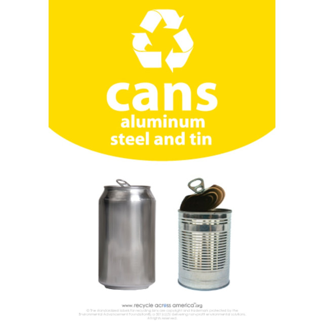 PACKAGING DYNAMICS METAL-1007 Recycle Across America Aluminum, METAL-1007, Steel And Tin Cans Standardized Recycling Labels, 10in x 7in, Yellow