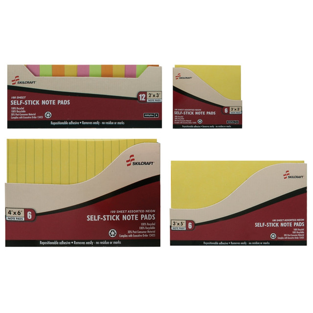 Call attention to reminders and memos with these 4 x 6-inch SKILCRAFT self-stick notepads. The assorted neon colors allow easy message categorization, while the adhesive backing sticks firmly on most surfaces and removes cleanly for convenient repositioning. A rectangle shape provides room for leaving notes. These SKILCRAFT self-stick notepads arrive in a 6-pack to help stock up your drawer, and the compact size offers portability.  Write down quick notes and to-do lists with these notepads.  Adhesive removes cleanly without leaving residues and is repositionable.  Bright assorted colors allow color-coding.  Rectangle design offers writing space.  4in x 6in note size is approximate.  Contains Recycled Content - See Specs for Details.