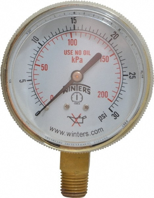 Winters PWL2820 1/4 Inch NPT, 22.5 Max psi, Brass Case Cylinder Pressure Gauge