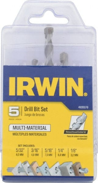 Irwin 4935078 Drill Bit Set: Hammer Drill Bits, 5 Pc, 0.125" to 0.3125" Drill Bit Size, Bi-Metal