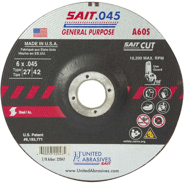 Sait 22047 Depressed Center Wheel: Type 27, 6" Dia, 0.045" Thick, Aluminum Oxide