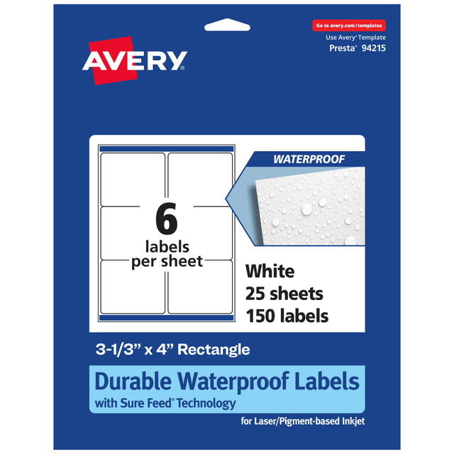 AVERY PRODUCTS CORPORATION 94215-WMF25 Avery Waterproof Permanent Labels With Sure Feed, 94215-WMF25, Rectangle, 3-1/3in x 4in, White, Pack Of 150
