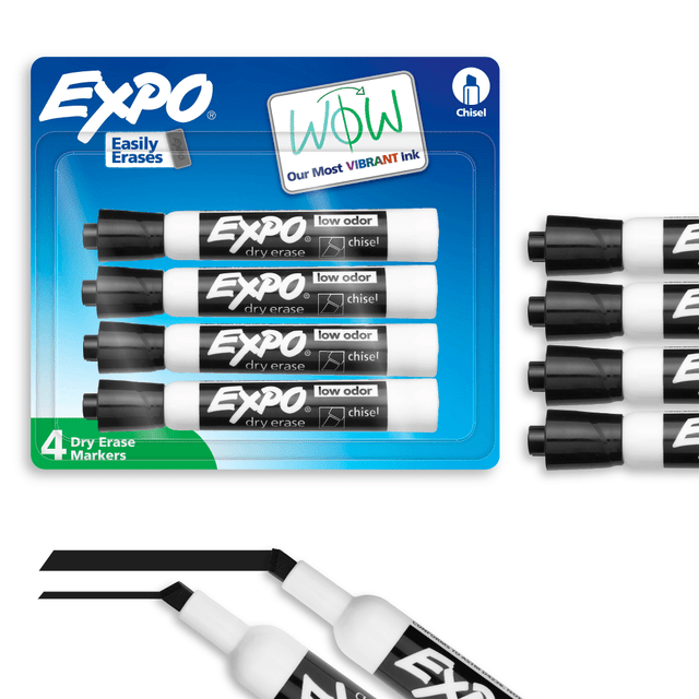 EXPO Low Odor Dry Erase Markers use a specially formulated, alcohol-based ink with virtually no odor. The versatile chisel tip markers feature vivid ink that is quick-drying and easy to see from a distance. These whiteboard markers write on whiteboards and most non-porous surfaces.  Chisel tip for broad, medium, or fine lines  Low-odor ink formula erases cleanly and is ideal for classrooms, offices and home offices  For use on whiteboards and most non-porous surfaces  Bold color is easy to erase and easy to see from a distance  Flexibility is key for remote learning and when working from home.  ACMI Certified AP Nontoxic. For detailed information see www.acmiart.org.  Less harsh chemicals - made with fewer harsh chemicals, or safer chemicals than typical alternatives, helping  reduce your use of and exposure to substances that may be more harmful to your health and the environment.