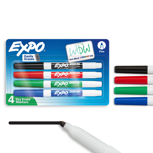 Create crisp, legible notes on your whiteboard without unpleasant odors in your classroom or conference room. EXPO dry-erase markers help make your presentation a pleasant experience for all.  Dry erase markers with the most vibrant ink yet from EXPO  Vibrant ink makes it easier to read information from a distance  Made for the whiteboard and beyond, writing pops on most non-porous surfaces like glass, acrylic, and more!  Easily and cleanly erases with an EXPO eraser or dry cloth  Fine tip markers perfect for accurate, detailed lines  ACMI Certified AP Nontoxic. For detailed information see www.acmiart.org.  Less harsh chemicals - made with fewer harsh chemicals, or safer chemicals than typical alternatives, helping  reduce your use of and exposure to substances that may be more harmful to your health and the environment.