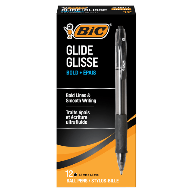 BIC CORP VLGB11-BLK BIC Glide Bold Ballpoint Pens, Bold Point, 1.6 mm, Translucent Barrel, Black Ink, Pack Of 12 Pens