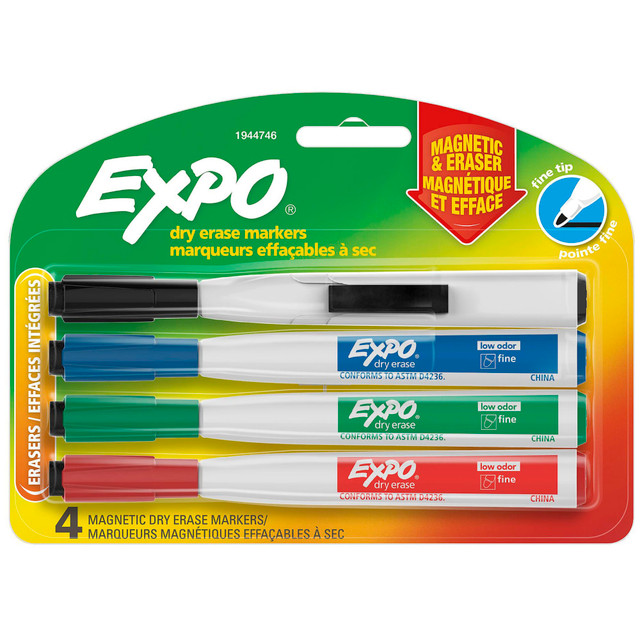 NEWELL BRANDS INC. 1944746 EXPO Magnetic Dry Erase Markers With Eraser, Fine Tip, Assorted Ink Colors, Pack Of 4 NEWELL BRANDS INC. 1944746 EXPO Magnetic Dry Erase Markers With Eraser, Fine Tip, Assorted Ink Colors, Pack Of 4