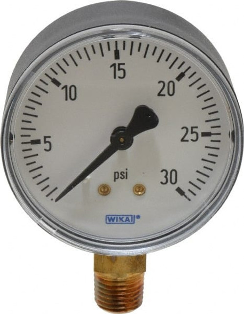 Wika 4253116 Pressure Gauge: 2-1/2" Dial, 0 to 30 psi, 1/4" Thread, NPT, Lower Mount