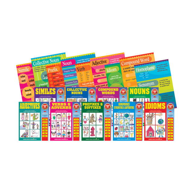 A well-researched collection of grammar basics  Helps students understand and master key grammar concepts.  Perfect for home and school.  Each hands-on lesson includes examples that are easy to understand.  Set includes 9 activity books and 9 parts-of-speech posters.