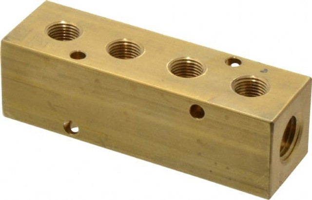 MSC BR04M100 Manifold: 1/4" Inlet, 1/8" Outlet, 2 Inlet Ports, 4 Outlet Ports, 3.25" OAL, 1" OAW, 1" OAH