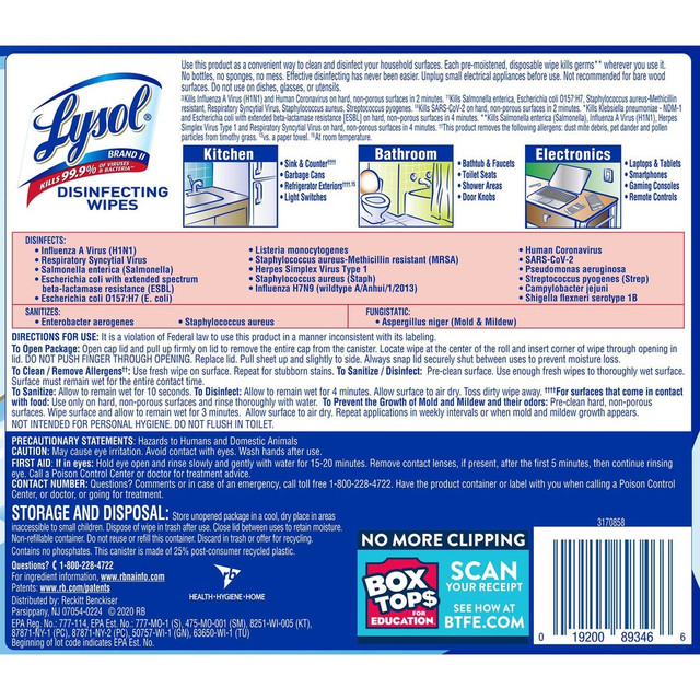 Reckitt Benckiser plc Lysol 89346CT Lysol Disinfecting Wipes