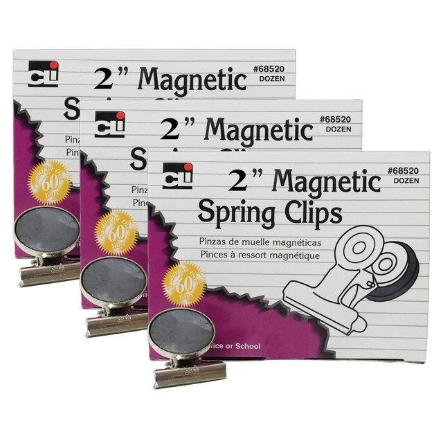 BAUMGARTENS Charles Leonard CHL68520BN  Magnet Spring Clips, 2in, Silver, 12 Clips Per Box, Pack Of 3 Boxes