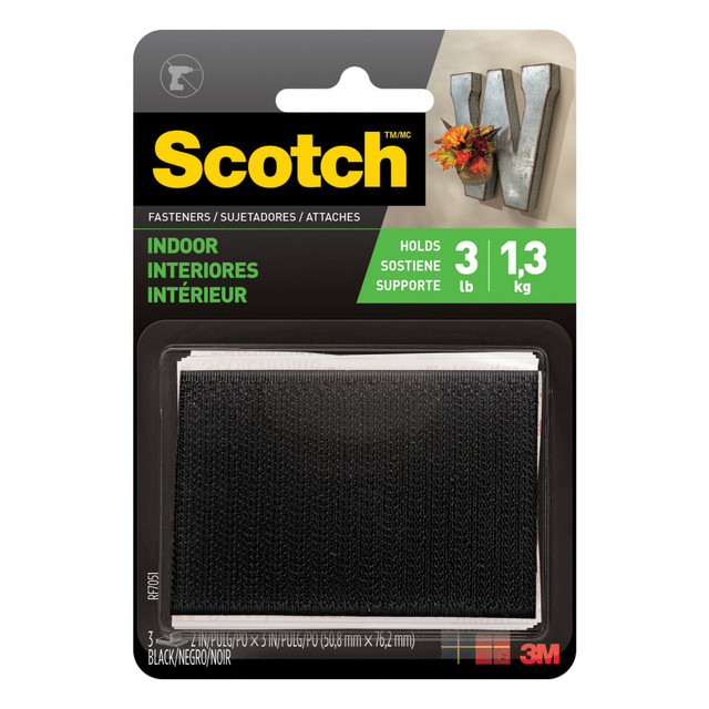 3M CO Scotch RF7051  Recloseable Fasteners, Black, 2in x 3in Strips, Pack Of 3