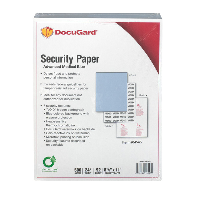 PARIS BUSINESS PRODUCTS 04545 DocuGard Advanced Medical Security Paper - Letter - 8 1/2in x 11in - 24 lb Basis Weight - 500 / Ream - Tamper Resistant, Watermarked, CMS Approved - Blue