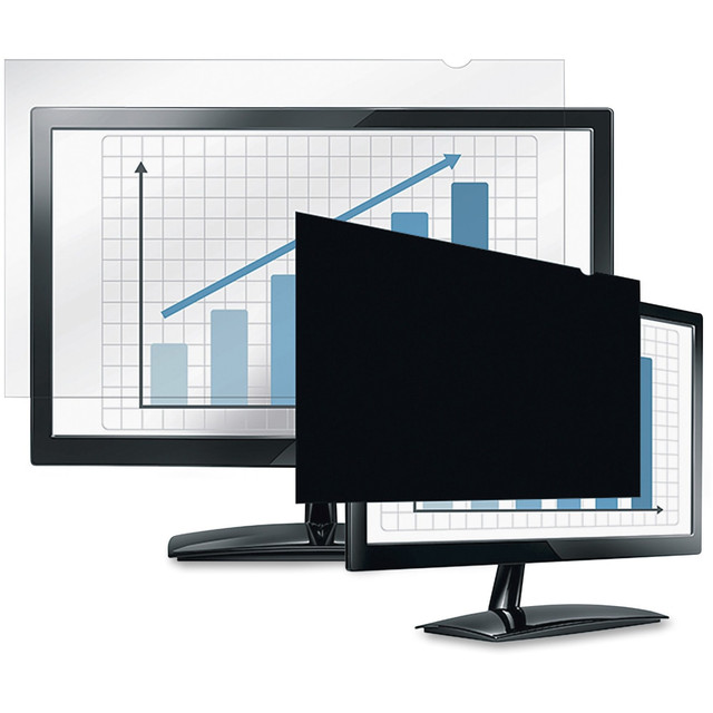 This privacy filter is designed for use with your 24in laptop or flat panel monitors. Its PrivaScreen Technology darkens screen image when viewed from a 30-degree side angle to prevent prying eyes from reading your screen.  Filter blacks out from the side view to protect your privacy, while maintaining a crystal clear screen straight-on.  Quick Reveal Tabs make it easy to attach and remove.  Reversible; matte side helps reduce glare and filter is compatible with touchscreen laptops and monitors.  Supports compliance with privacy regulations including HIPAA and TAA.  Protects screen from fingerprints and scratches.  Privacy filter fits widescreen monitors with a diagonal screen measurement of 24.0in (viewable area only) and a 16:9 aspect ratio.  Filter dimensions are 20-15/16in W x 11-3/4in H.  Sleek black design.