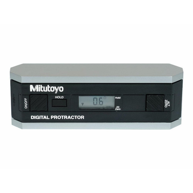 Mitutoyo 950-318 Digital & Dial Protractors; Style: Digital; Measuring Range (Degrees): 360.00; Maximum Angle Measurement: 360 0; Batteries Included: Yes; Number Of Batteries: 1; Features: Powered by 9v Battery for 500 Hour Battery Life; Magnetic Bas