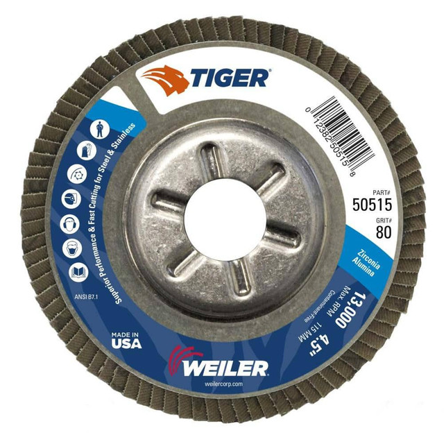 Weiler 50515 Flap Disc: 7/8" Hole, 80 Grit, Zirconia Alumina, Type 29