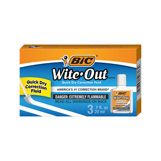 BIC CORP WOFQD324 BIC Wite-Out Quick Dry Correction Fluid With Foam Applicator, White, Pack Of 3