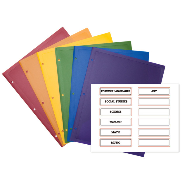 The Office Depot Brand 2-Pocket Poly Portfolios includes subject labels and plastic stickers for easy organization.  2 pockets hold all your papers.  Includes 7 subject stickers and 5 blank stickers.