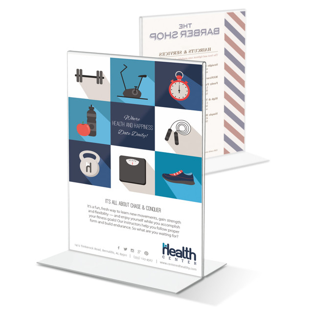 Freestanding signs are ideal for limited space.  Stands by itself on any table or desktop.  Holds a variety of literature sizes.  Durable clear acrylic material protects and displays your sign.  Sign conveniently loads from the bottom.