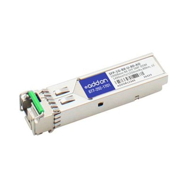 ADD-ON COMPUTER PERIPHERALS, INC. SFP-1G-BX-U-80-AO AddOn MSA Compliant 1000Base-BX SFP Transceiver - SFP (mini-GBIC) transceiver module - GigE - 1000Base-BX - LC single-mode - up to 49.7 miles - 1490 (TX) / 1550 (RX) nm ADD-ON COMPUTER PERIPHERALS, INC. SFP-1G-BX-U-80-AO AddOn MSA Compliant 1000Base-BX SFP Transceiver - SFP (mini-GBIC) transceiver module - GigE - 1000Base-BX - LC single-mode - up to 49.7 miles - 1490 (TX) / 1550 (RX) nm
