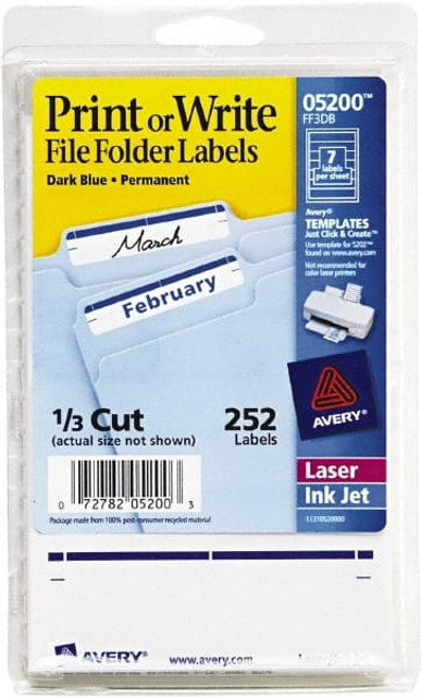 AVERY 05200 Label Maker Label: White, Paper, 3-7/16" OAL, 11/16" OAW, 252 per Roll