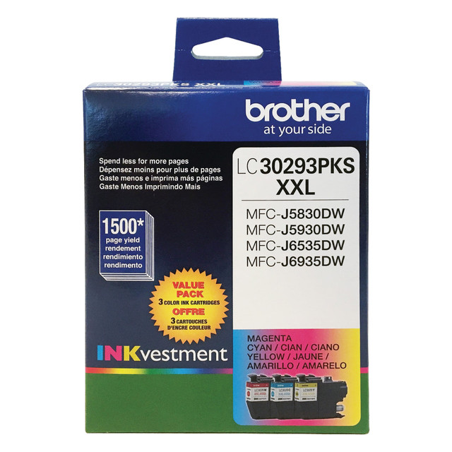 BROTHER INTL CORP LC30293PKS Brother LC3029 Cyan; Magenta; Yellow High-Yield Ink Cartridges, Pack Of 3, LC30293PKS