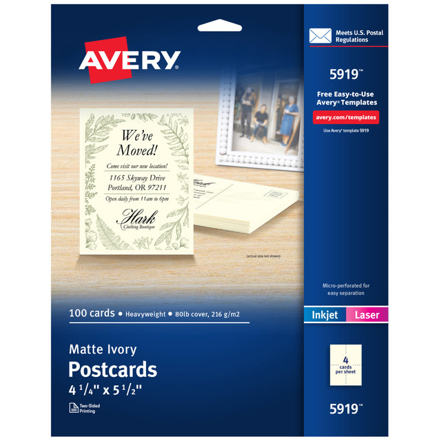 AVERY PRODUCTS CORPORATION 5919 Avery Printable Postcards, 4.25in x 5.5in, Ivory, 100 Blank Postcards For Laser And Inkjet Printers AVERY PRODUCTS CORPORATION 5919 Avery Printable Postcards, 4.25in x 5.5in, Ivory, 100 Blank Postcards For Laser And Inkjet Printers
