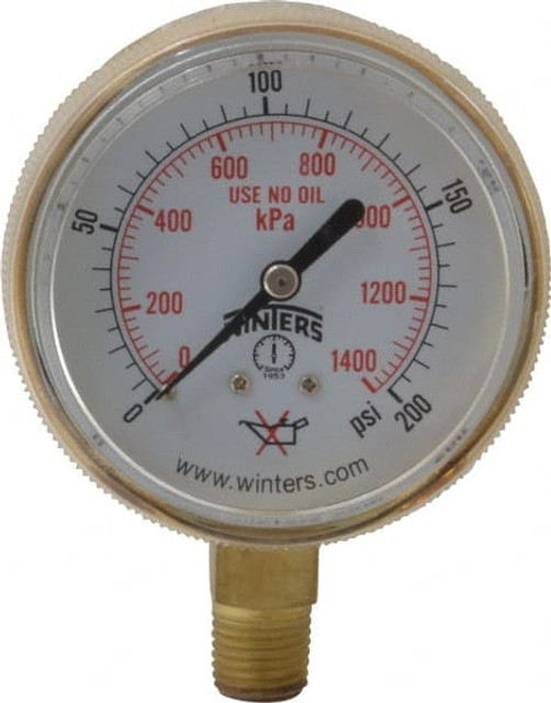 Winters PWL2824 1/4 Inch NPT, 150 Max psi, Brass Case Cylinder Pressure Gauge